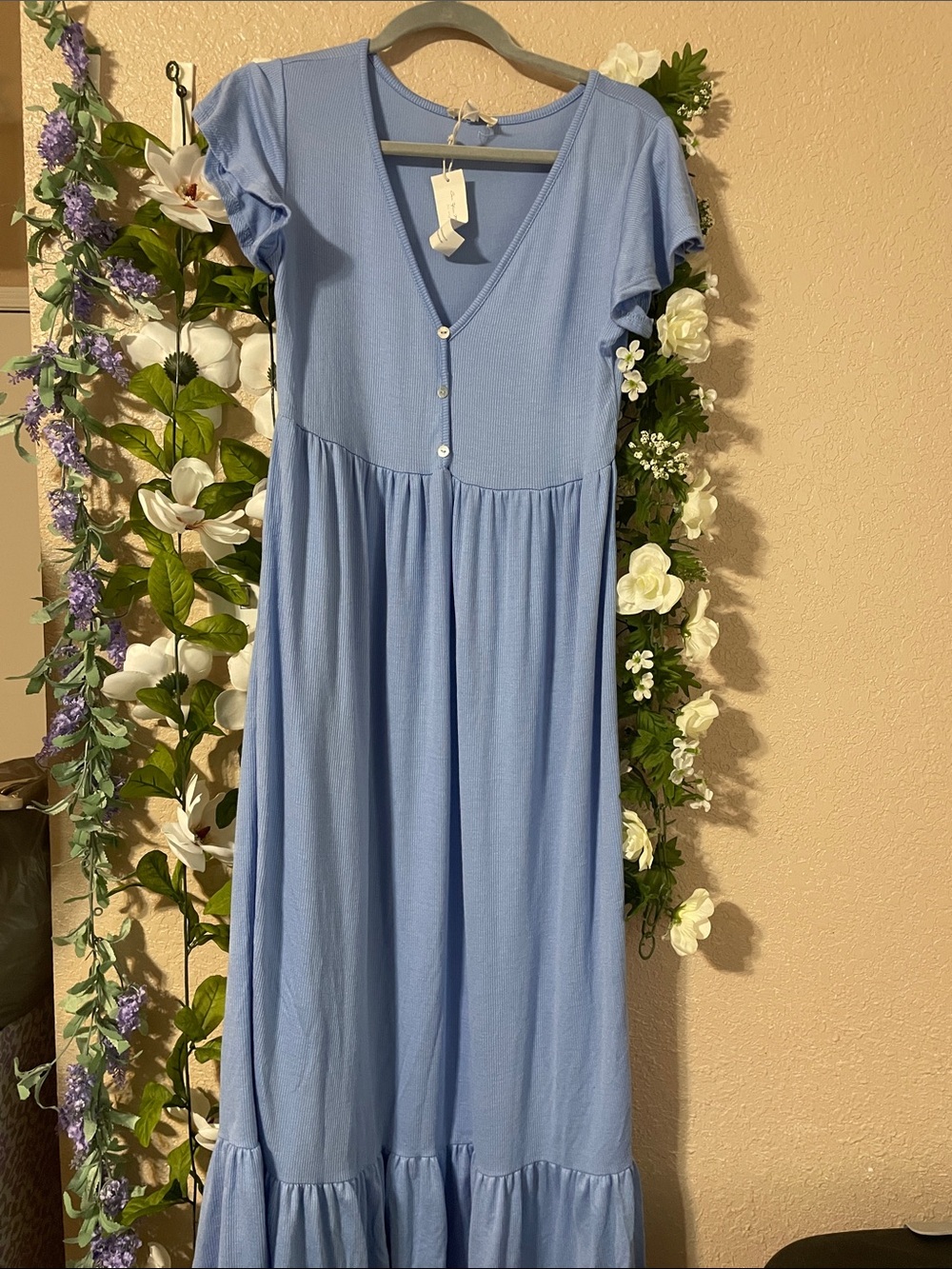 See You Monday Light Blue Midi Dress with V-Neck and Buttons